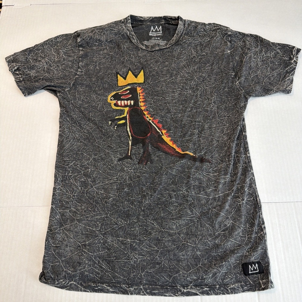 Basquiat Men's Graphic Print T-Shirt Dinosaur Crown Black L
